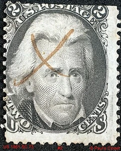 US 1861 JACKSON 2¢ BLACK 1861 SC 73 USED PEN CANX NO GUM P12 SCV $55.00 F/VF #2 - Picture 1 of 2