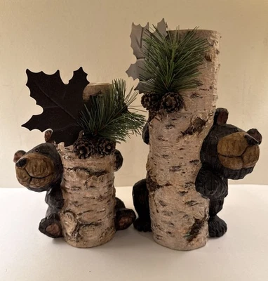 Rustic  Pair Votive Candle Birch Tree With Black Bears Hugging Trees - Image 1 of 4