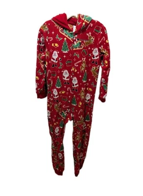 The Childrens Place Pajama Youth XL-14 Red Dear Santa Fleece One Piece Hooded - Image 1 of 4