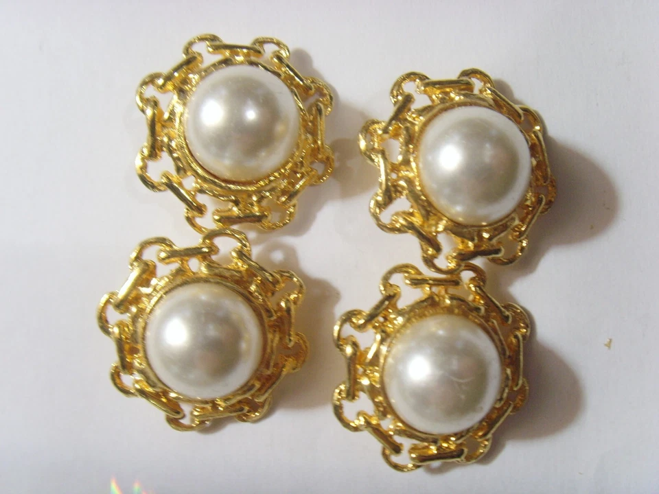 4 antique 30 mm matching gold tone metal faux pearl collector buttons 51910 - Image 1 of 4
