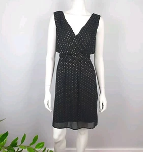 Stella Size 12 Short ALine Dress Black V Neck Empire Elastic Waist Black Gold Po - Picture 1 of 14