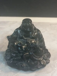 Vintage Happy Seated Buddha Figure Black Resin Rosewood Bottom 2" Tall - Picture 1 of 8