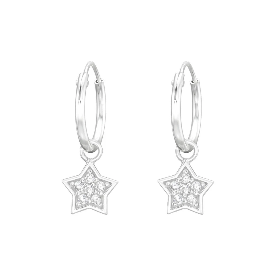 1 Paar Creolen Ohrringe 925 Sterling Silber Hängender Stern mit Zirkonia-Steinen - Bild 1 von 2