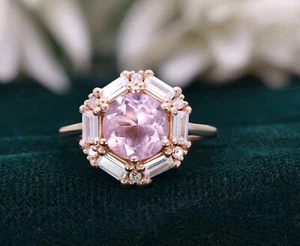 Anillo de compromiso redondo enchapado en oro rosa de 14 quilates de plata 925 morganita rosa creado en laboratorio - Imagen 1 de 11