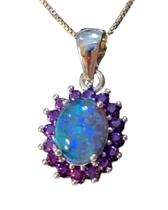 Blue Opal & Amethyst Pendant Box Chain Sterling Silver Necklace N-1223 - Picture 1 of 5