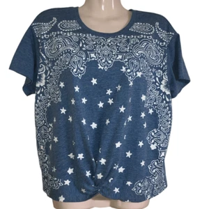 Lucky Brand top Sz M blue pullover short sleeve print front knotted front hem - Picture 1 of 9