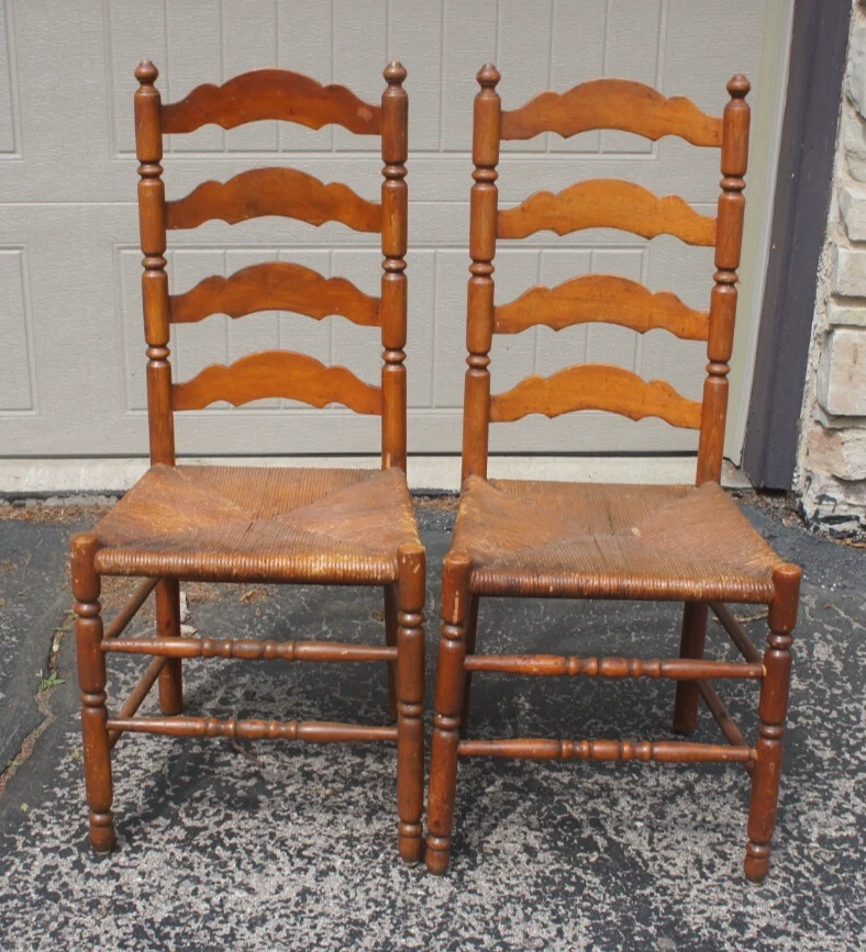 2 ~ Antique Ladder-Back Dining Chairs Woven Rush Seat Turned Wood Legs - Image 1 of 4
