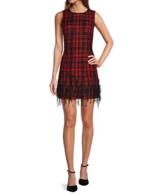 ANTONIO MELANI Irine Tweed Feather Sleeveless Sheath Dress Red Black Size 4 NEW - Image 1 of 4