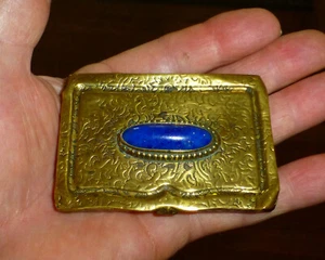 Antique Brass Patch Box Calling Card Case Lapis Set Gemstone - Georgian ? - Picture 1 of 12