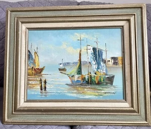 Vintage Nautical Coastal Harbor Seascape Sailboat Oil Painting Signed Framed - Picture 1 of 6
