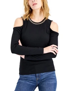 INC Women Chain Trim Ribbed Cold Shoulder Pullover Top Shirt PL, BLK - Picture 1 of 2
