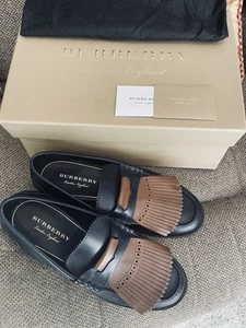 Burberry Kiltie Bedmoore Fringe Leather Loafers Navy/ Brown 43.5 Fits US 10.5 - Picture 1 of 23