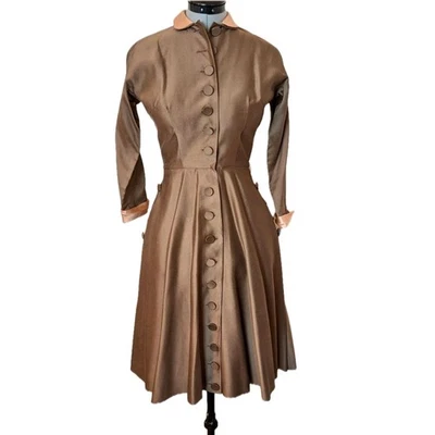 VTG 50s L'Aiglon Bronze Button & Satin Detail Fit & Flare Shirtwaist Dress Sz2/4 - Image 1 of 4