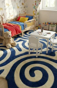 Alfombra remolino azul, alfombra de lana acolchada irregular a mano para sala de estar - Imagen 1 de 7