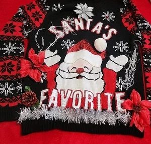 No Boundaries Santa Clause Christmas Womens Juniors Sweater Size 11/13  Black - Picture 1 of 10
