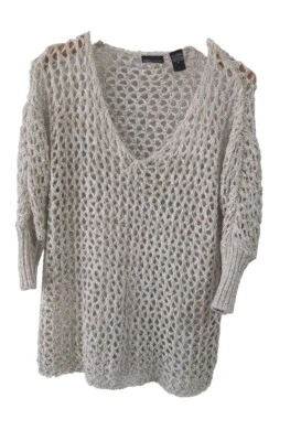 Moda International свитер женщин M бежевый/золотой открытый трикотажа 3/4 рукав пуловер - Изображение 1 из 4