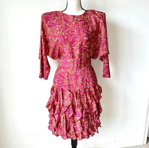 Vintage GILLIAN 100% Silk Fuchsia Dolman Sleeve Ruffled Dress—SZ. 8 - Picture 1 of 19