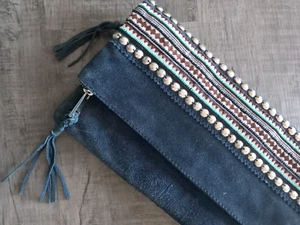 Sondra Roberts Navy Suede Clutch Boho Studded Turquoise Southwestern Zip Bag - Picture 1 of 21