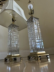 Vintage Signed Dresden Crystal & Brass Table Lamp Set Light Hollywood Regency - Picture 1 of 12