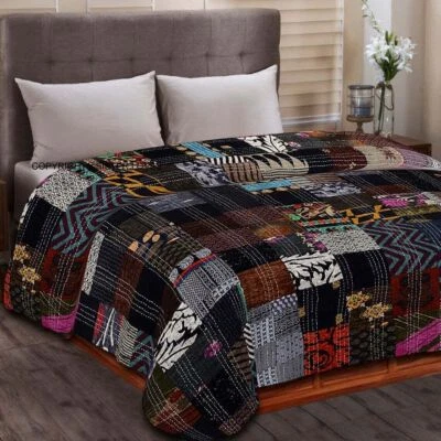 Silk Patchwork Kantha Quilt Bedspread Bed Cover Blanket Indian Bedding King Size - Image 1 of 3