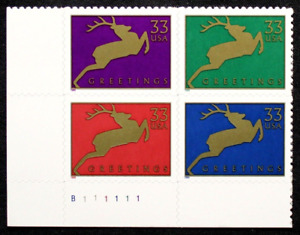 US Plate Block Stamps #3356-59 ~ 1993 33¢ Reindeer Christmas RL02