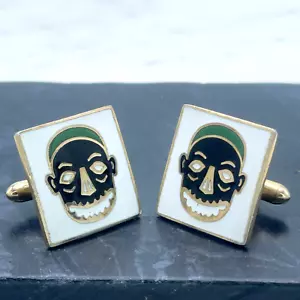 Vintage Swank Tribal Mask White Black Green Enamel Gold Bullet Back Cufflinks - Picture 1 of 9