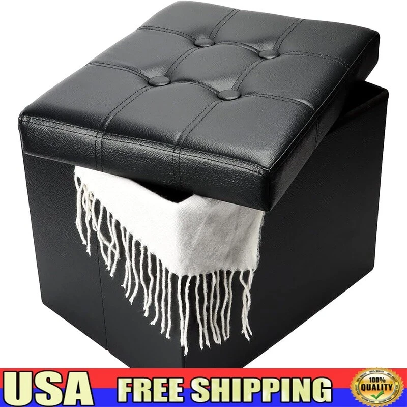 Storage Ottoman Folding Foot Stool W/ Thicker Foam Padded Seat Small Leather New - Image 1 of 4