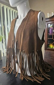 Vintage Pioneer Wear Suede Fringe Vest Brown Size Medium - Picture 1 of 11