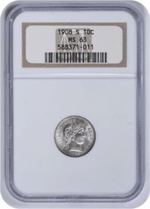 1908-S Barber Silver Dime MS63 NGC - Picture 1 of 4