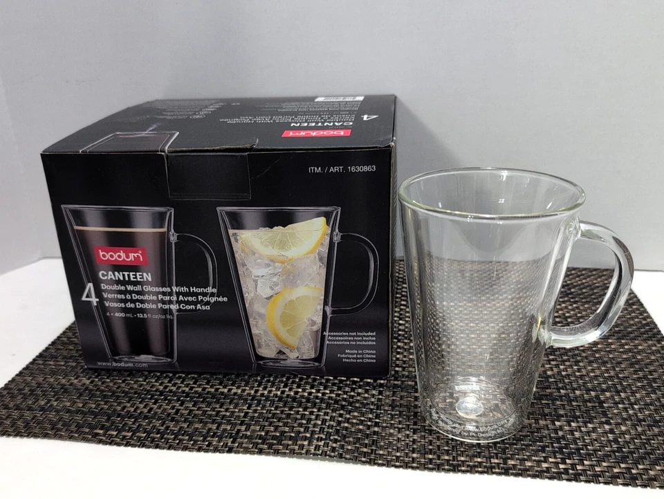 Bodum Canteen Set of 4 Double Wall Glass Mugs 13.5 oz Coffee Tea 1630863