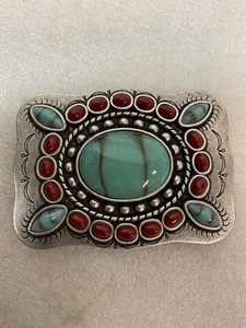 Fibbia per cintura vintage 3,5 pollici tono argento vetro turchese e pietre ovali rosse sud-ovest - Foto 1 di 10