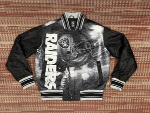 NFL Team Las Vegas Oakland Raiders Black Satin Bomber Jacket AOP NWT Large - Picture 1 of 13
