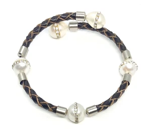 Crystal Encrusted Fresh Water Pearl Leather Wrapped Memory Wire Bracelet - Picture 1 of 3