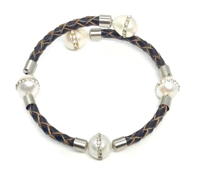 Crystal Encrusted Fresh Water Pearl Leather Wrapped Memory Wire Bracelet - Image 1 of 3