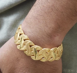 18K Gelbgold über hohlem Design Panzer Kubanische Gliederkette Herren S-Haken 8" Armband - Bild 1 von 6