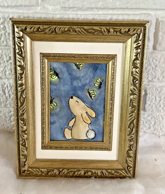 Original  Watercolor Bunny At Night Painting Small Framed Art Ornate Frame - Image 1 of 4