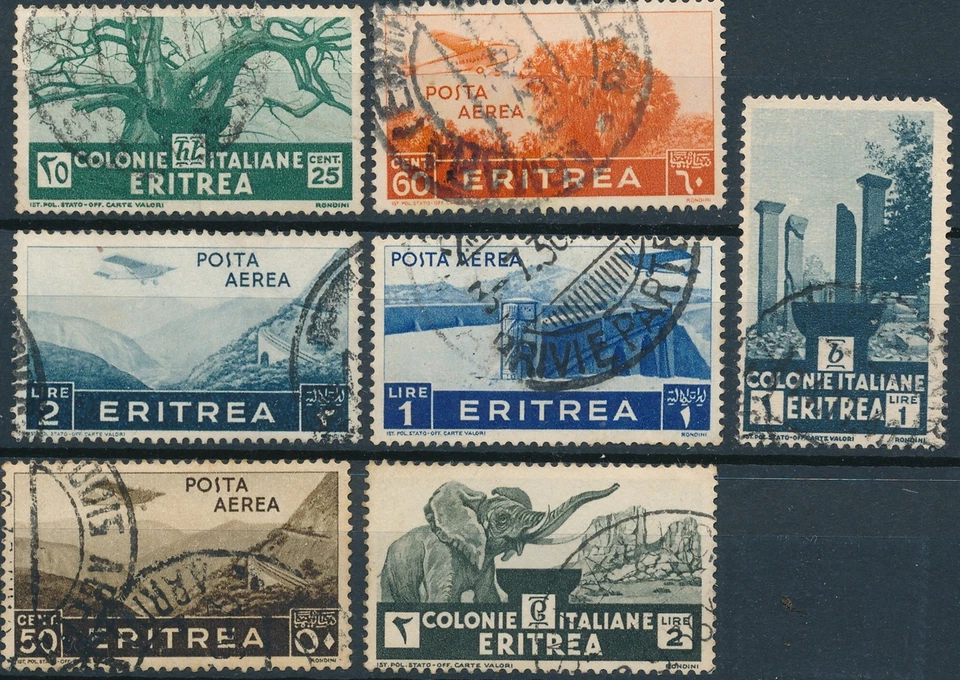 Sello Italia Eritrea Selección 1934 1936 Correo Aéreo Elefante Puente Árbol Templo U Foto 1 de 1