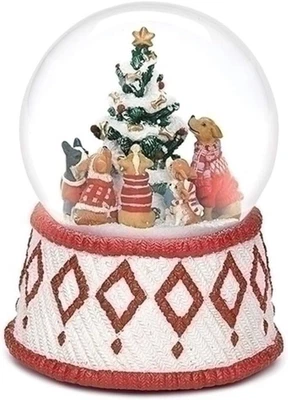 Globo de nieve musical de Navidad de 100 mm 6" con perros alrededor de un árbol de Navidad - Juega  Foto 1 de 4