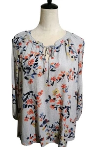 Como Vintage Peasant Top Gray Orange Pink Floral 3/4 Sleeve Elastic Cuff Large - Picture 1 of 13