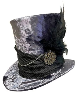 Tall Top Hat M Silver Grey Black Jewel Feathered Steampunk Dapper Wedding Topper - Picture 1 of 6