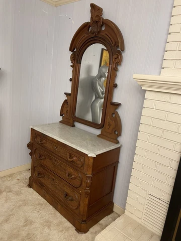 Vintage Antique Eastlake 3 Drawer Dresser with Marble Top and Mirror Cover