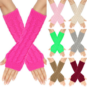 Women Long Half Finger Fingerless Gloves Arm Hand Warmer Knitted Mittens Winter