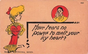 COMIC ROMANCE POSTCARD HAVE TEARS NO POWER SOUVENIR WINONA MN UDB 080525 U - Picture 1 of 2