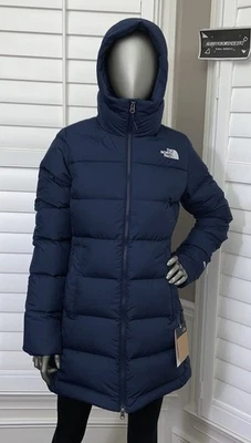 The North Face 女式 Gotham Mid Parka 600 羽绒冬季夹克连帽 - 海军蓝 全新带标签 — 第 1/4 张图片