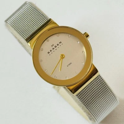 Skagen Steel Crystal Dial Women's Gold Watch Silver Mesh Band 358SGSCD Foto 1 de 4