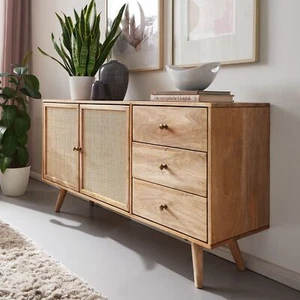 FineBuy Design Sideboard 140x75x40 cm Massivholz Rattan Anrichte Kommodenschrank - Bild 1 von 7