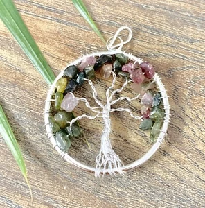 Mix Tourmaline Tree Of Life Pendant Gemstone Specimen Chakra Crystal Jewelry - Picture 1 of 10