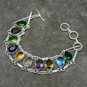 Multi Stone Gemstone 925 Sterling Silver Handmade Jewelry Bracelet 7-8" - Picture 1 of 8