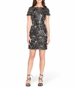 TAHARI  BLACK SEQUINS GOLD EMBROIDERED SHORT SLEEVE SHEATH DRESS SIZE 12 $258 - Picture 1 of 8