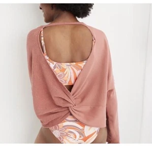Aerie Twist Back Open Sweatshirt L Coral Pink Cotton Blend Womens Casual Top - Picture 1 of 7